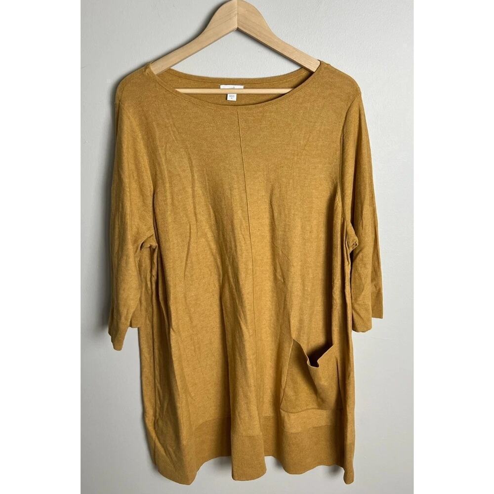 J. Jill Mustard Yellow Tunic Top Size XL 3/4 Sleeve Relaxed Fit Pockets Women’s